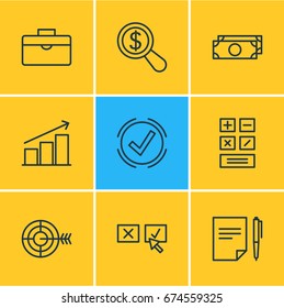 Vector Illustration Of 9 Business Icons. Editable Pack Of Solution, Agreement, Goal And Other Elements.