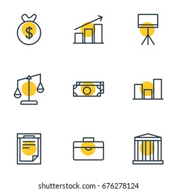 Vector Illustration Of 9 Business Icons. Editable Pack Of Columns, Portfolio, Cash And Other Elements.