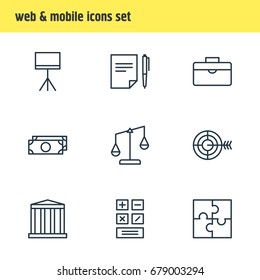 Vector Illustration Of 9 Business Icons. Editable Pack Of Goal, Calculate, Building And Other Elements.