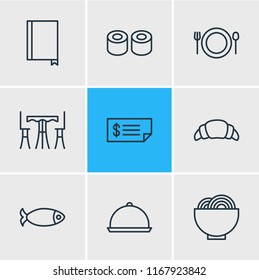 Vector illustration of 9 cafe icons line style. Editable set of croissant, fish, bill and other icon elements.