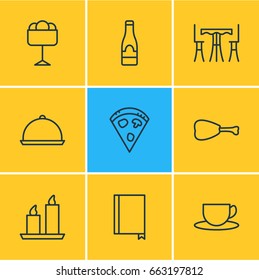 Vector Illustration Of 9 Cafe Icons. Editable Pack Of Fire Wax, Book, Table And Other Elements.