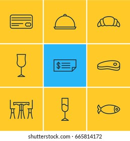Vector Illustration Of 9 Cafe Icons. Editable Pack Of Tray, Bacon, Wineglass And Other Elements.