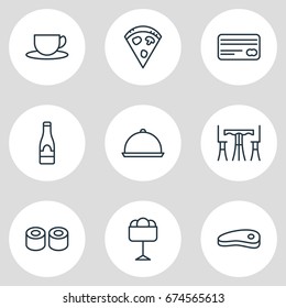 Vector Illustration Of 9 Cafe Icons. Editable Pack Of Tea, Sundae, Alcohol And Other Elements.