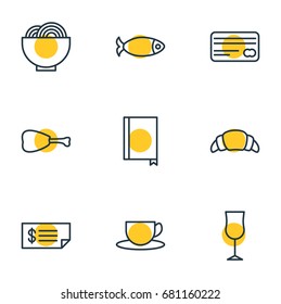 Vector Illustration Of 9 Cafe Icons. Editable Pack Of Seafood, Card, Wineglass And Other Elements.