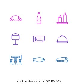 Vector illustration of 9 cafe icons line style. Editable set of ice cream, dish, champagne and other elements.
