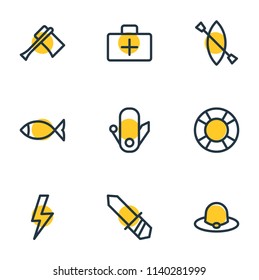 Vector illustration of 9 camp icons line style. Editable set of swiss knife, hat, blade and other icon elements.