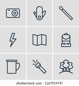 Vector illustration of 9 camp icons line style. Editable set of camera, lightning, flash and other icon elements.