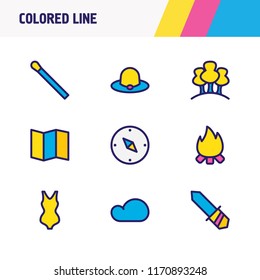 Vector illustration of 9 camp icons colored line. Editable set of forest, compass, match and other icon elements.