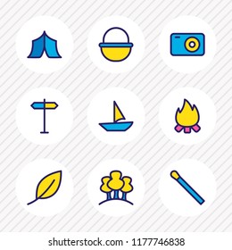 Vector illustration of 9 camp icons colored line. Editable set of forest, signpost, tent and other icon elements.