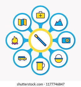 Vector illustration of 9 camp icons colored line. Editable set of mug, mountain, flame and other icon elements.