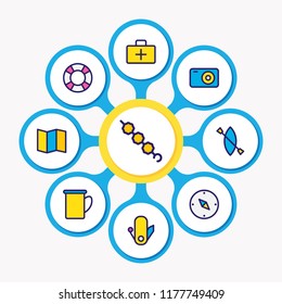 Vector illustration of 9 camp icons colored line. Editable set of marshmallow, lifebuoy, camera and other icon elements.