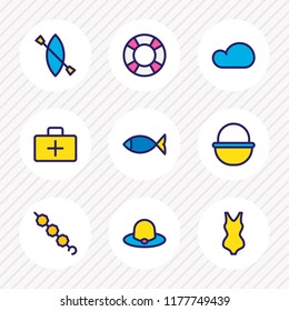 Vector illustration of 9 camp icons colored line. Editable set of hat, bikini, medicine and other icon elements.