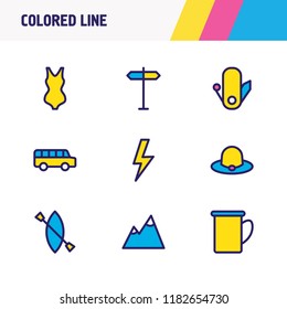 Vector illustration of 9 camp icons colored line. Editable set of hat, mountain, lightning and other icon elements.