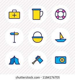 Vector illustration of 9 camp icons colored line. Editable set of signpost, mug, medicine and other icon elements.