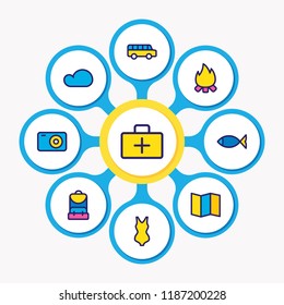 Vector illustration of 9 camp icons colored line. Editable set of map, flame, cloud and other icon elements.