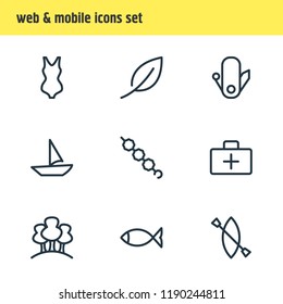 Vector illustration of 9 camp icons line style. Editable set of leaf, kayak, medicine and other icon elements.