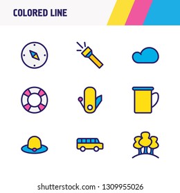 Vector illustration of 9 camp icons colored line. Editable set of flash, cloud, swiss knife and other icon elements.