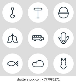 Vector illustration of 9 camp icons line style. Editable set of swimsuit, guidepost, seafood and other elements.
