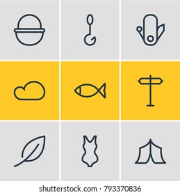 Vector illustration of 9 camp icons line style. Editable set of guidepost, overcast, seafood and other elements.