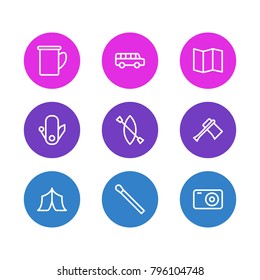 Vector illustration of 9 camp icons line style. Editable set of canoe, stick, hatchet and other elements.