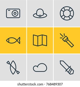 Vector Illustration Of 9 Camp Outline Icons. Editable Set Of Photo Apparatus, Knife, Canoe And Other Elements.