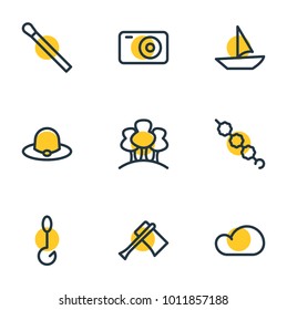 Vector illustration of 9 camping icons line style. Editable set of tree, hook, candy icon elements.