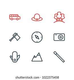Vector illustration of 9 camping icons line style. Editable set of landscape, direction, stick icon elements.