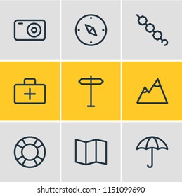 Vector illustration of 9 camping icons line style. Editable set of signpost, medicine, marshmallow and other icon elements.