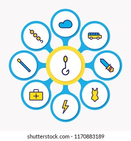 Vector illustration of 9 camping icons colored line. Editable set of cloud, bus, lightning and other icon elements.
