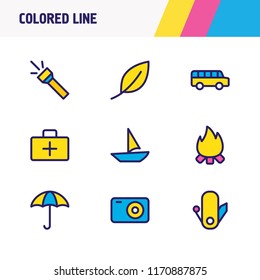 Vector illustration of 9 camping icons colored line. Editable set of flash, camera, leaf and other icon elements.