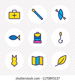 Vector illustration of 9 camping icons colored line. Editable set of fishing, bikini, map and other icon elements.