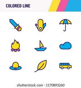 Vector illustration of 9 camping icons colored line. Editable set of flame, cloud, knife and other icon elements.