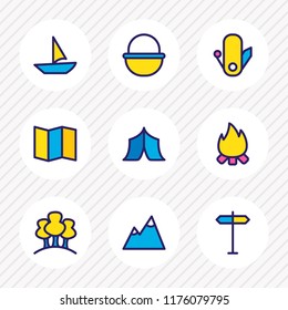 Vector illustration of 9 camping icons colored line. Editable set of signpost, basket, multi knife and other icon elements.