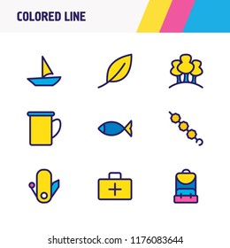 Vector illustration of 9 camping icons colored line. Editable set of medicine, multi knife, fish and other icon elements.