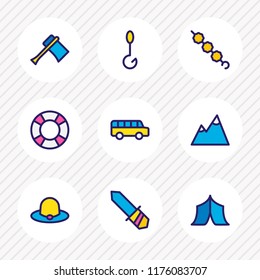 Vector illustration of 9 camping icons colored line. Editable set of axe, bus, fishing and other icon elements.