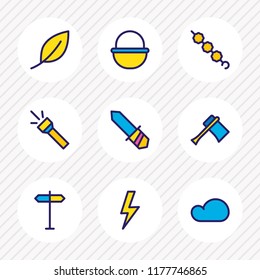 Vector illustration of 9 camping icons colored line. Editable set of basket, axe, marshmallow and other icon elements.