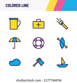 Vector illustration of 9 camping icons colored line. Editable set of mug, lifebuoy, axe and other icon elements.
