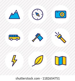 Vector illustration of 9 camping icons colored line. Editable set of axe, map, mountain and other icon elements.