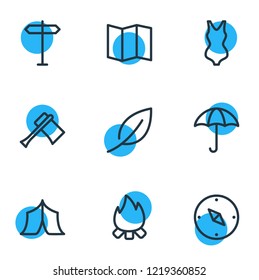 Vector illustration of 9 camping icons line style. Editable set of tent, bikini, map and other icon elements.