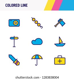 Vector illustration of 9 camping icons colored line. Editable set of medicine, signpost, axe and other icon elements.