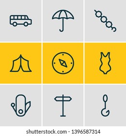 Vector illustration of 9 camping icons line style. Editable set of tent, swiss knife, bikini and other icon elements.