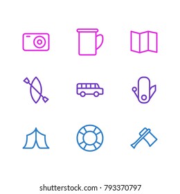 Vector illustration of 9 camping icons line style. Editable set of guidance, photo apparatus, cup and other elements.