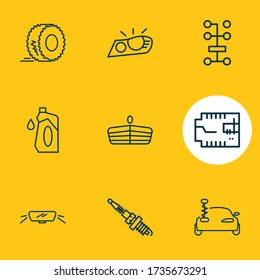 Vector illustration of 9 car icons line style. Editable set of headlights, car transmission, spark plug and other icon elements.
