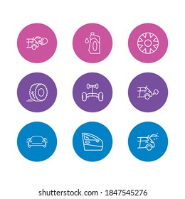 Vector illustration of 9 car icons line style. Editable set of car chassis, hubcap, door and other icon elements.