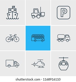 Vector illustration of 9 carrying icons line style. Editable set of tank truck, cruise ship, forklift and other icon elements.