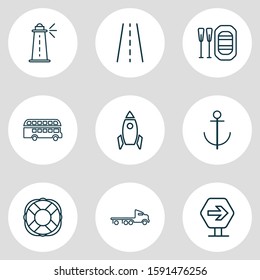 Vector illustration of 9 carrying icons line style. Editable set of space vehicle, road, road sign and other icon elements.