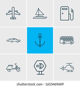 Vector illustration of 9 carrying icons line style. Editable set of sport car, gas station, aircraft and other icon elements.