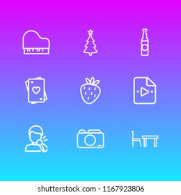 Vector illustration of 9 celebrate icons line style. Editable set of piano, strawberry, photo camera and other icon elements.