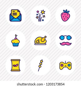 Vector illustration of 9 celebrate icons colored line. Editable set of marshmallow, petard, hipster and other icon elements.