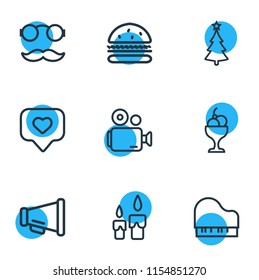 Vector illustration of 9 celebration icons line style. Editable set of ice cream bowl, hipster, candle icon elements.